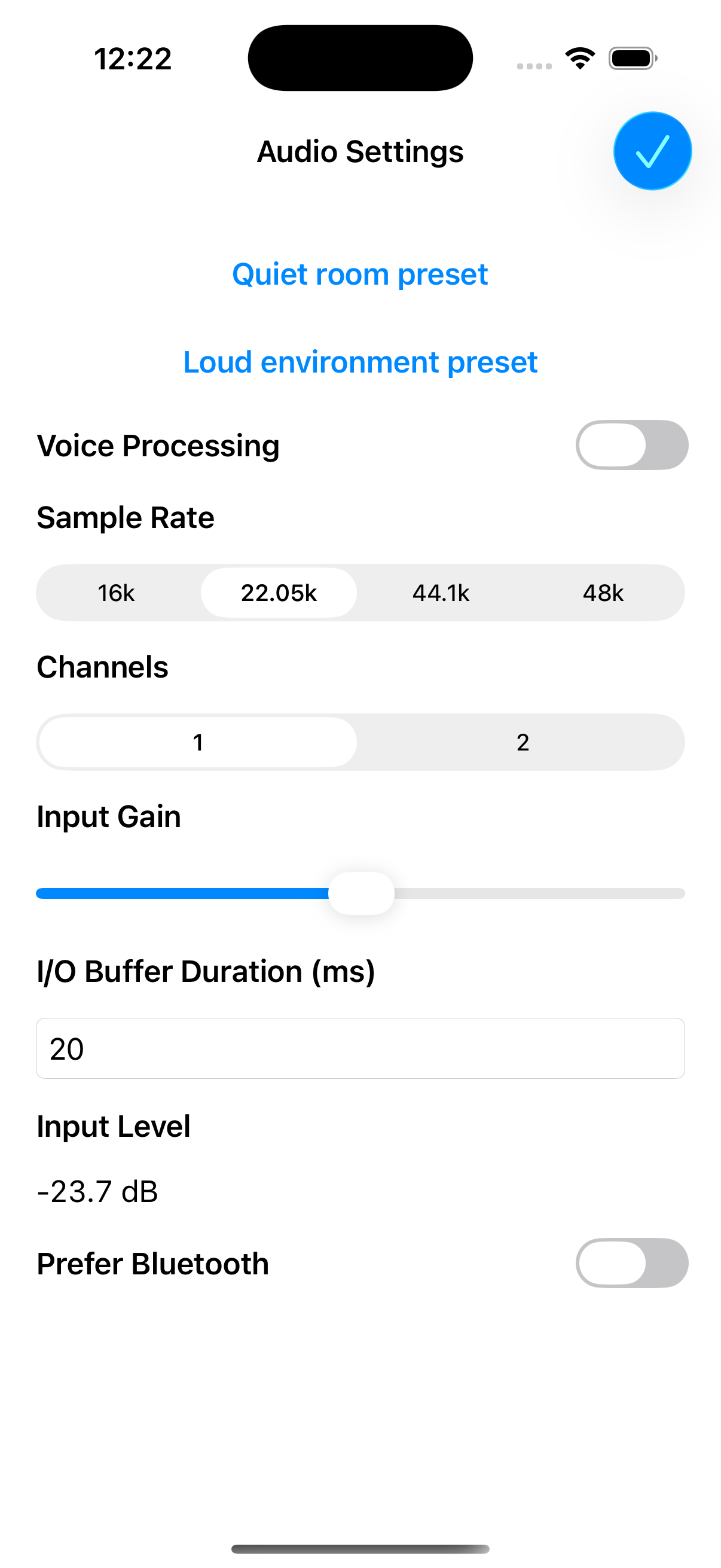Audio settings screen